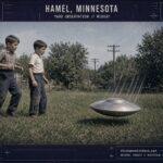 A small silver plate-shaped object lands between two boys in Hamel, Minnesota, August 1948