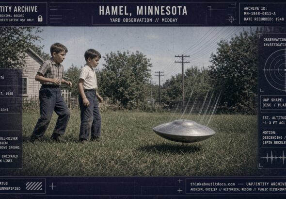 A small silver plate-shaped object lands between two boys in Hamel, Minnesota, August 1948