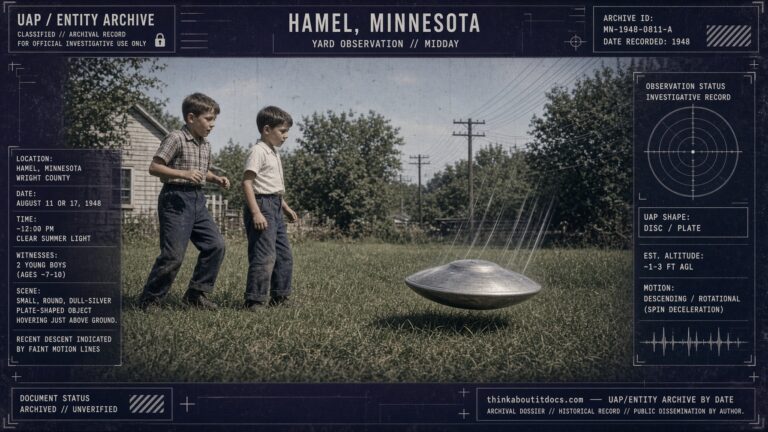 A small silver plate-shaped object lands between two boys in Hamel, Minnesota, August 1948