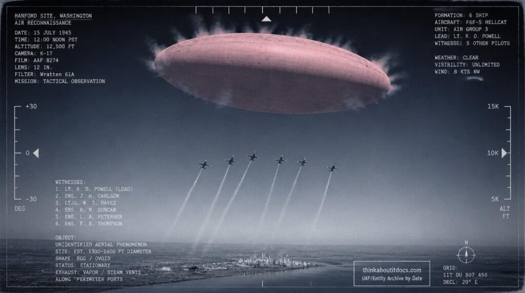 Six F6F Hellcats straining to reach a massive pink egg-shaped object hovering over the Hanford plutonium works, mid-July 1945