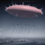 Six F6F Hellcats straining to reach a massive pink egg-shaped object hovering over the Hanford plutonium works, mid-July 1945