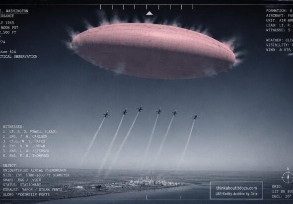 Six F6F Hellcats straining to reach a massive pink egg-shaped object hovering over the Hanford plutonium works, mid-July 1945
