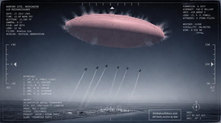 Six F6F Hellcats straining to reach a massive pink egg-shaped object hovering over the Hanford plutonium works, mid-July 1945