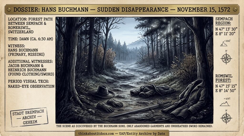 A wooded forest path near Romerswil, Switzerland with a hat, coat, gloves, and unsheathed sword left behind, marking the site of Hans Buchmann's 1572 disappearance