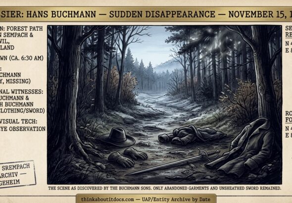 A wooded forest path near Romerswil, Switzerland with a hat, coat, gloves, and unsheathed sword left behind, marking the site of Hans Buchmann's 1572 disappearance