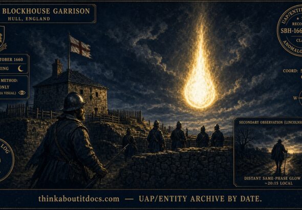 A large, tapering fiery object hanging bright over Hull's South Blockhouse garrison, illuminating soldiers on guard, October 3, 1660