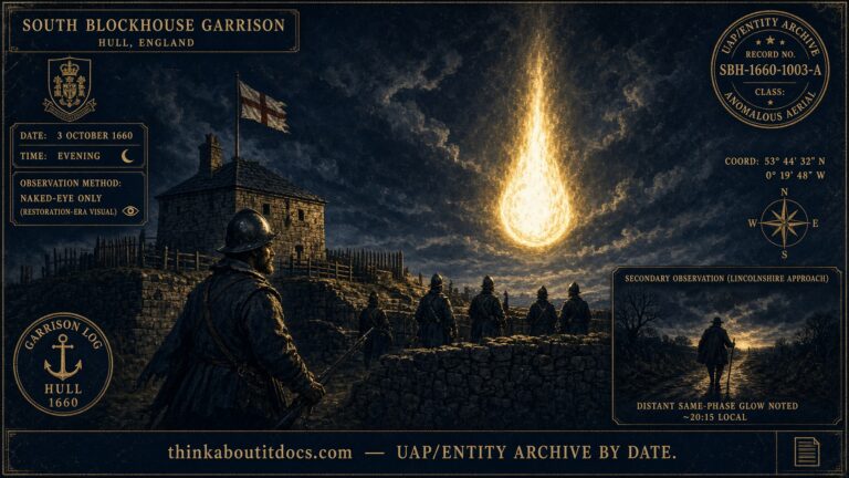 A large, tapering fiery object hanging bright over Hull's South Blockhouse garrison, illuminating soldiers on guard, October 3, 1660