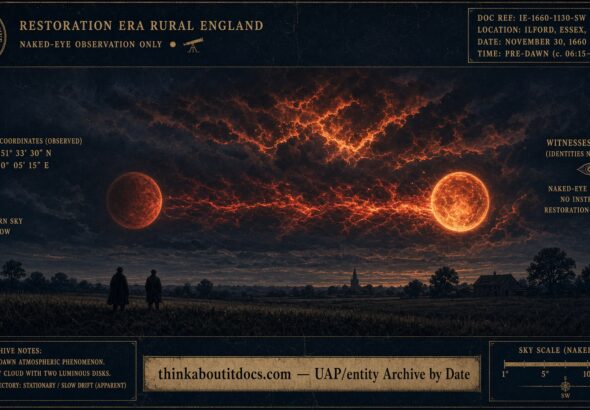 Two moon-sized objects confronting each other in the pre-dawn sky over Ilford, Essex, streaming fire and blood-red material, November 30, 1660