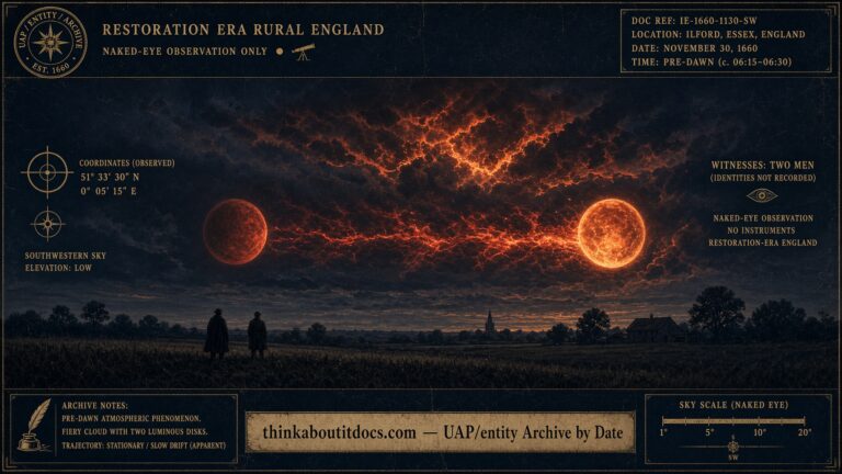 Two moon-sized objects confronting each other in the pre-dawn sky over Ilford, Essex, streaming fire and blood-red material, November 30, 1660