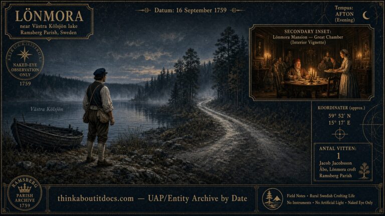 A young Swedish man discovering an unexpected road at a lake shore, leading to a mansion full of small people, Ramsberg, Sweden, September 1759