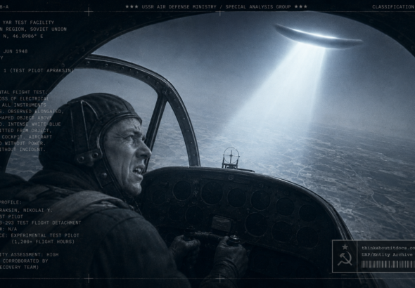 A Soviet test pilot's aircraft loses all power as a beam of light from a banana-shaped object strikes it over Kapustin Yar, June 16, 1948