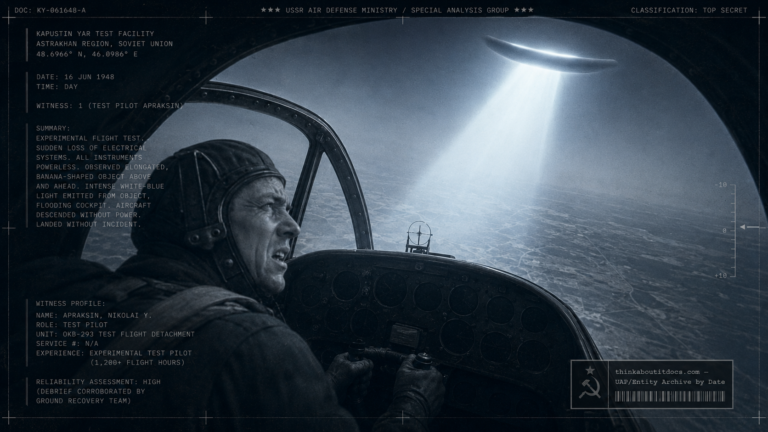 A Soviet test pilot's aircraft loses all power as a beam of light from a banana-shaped object strikes it over Kapustin Yar, June 16, 1948