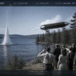 A small V-1-like object skims low over Lake Mjøsa, Norway, moments before plunging into the water, July 18, 1946