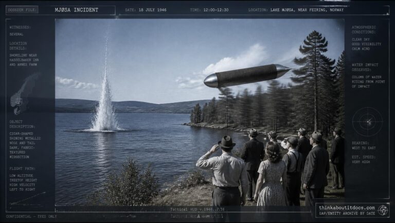 A small V-1-like object skims low over Lake Mjøsa, Norway, moments before plunging into the water, July 18, 1946
