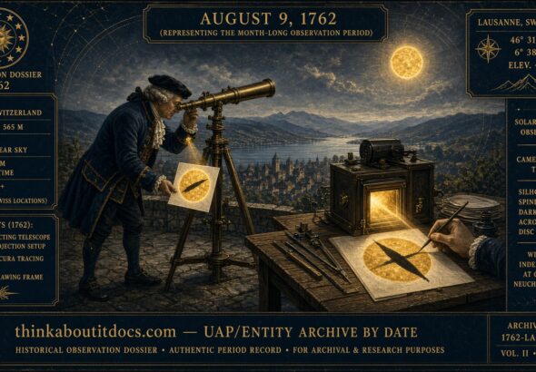 A spindle-shaped fusiform object crossing the sun, traced by astronomer Monsieur de Rostan using a camera obscura at Lausanne, Switzerland, August 1762