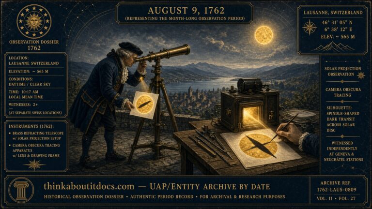 A spindle-shaped fusiform object crossing the sun, traced by astronomer Monsieur de Rostan using a camera obscura at Lausanne, Switzerland, August 1762