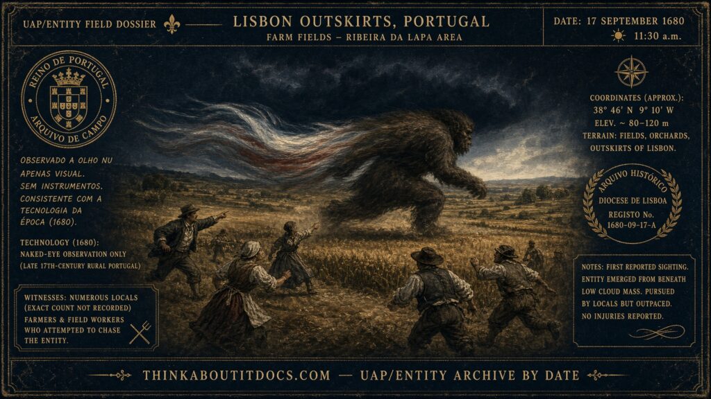 A huge hair-covered creature with a white, blue, and red tail emerging from a black cloud and outrunning pursuers near Lisbon, Portugal, September 17, 1680