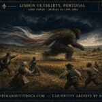 A huge hair-covered creature with a white, blue, and red tail emerging from a black cloud and outrunning pursuers near Lisbon, Portugal, September 17, 1680