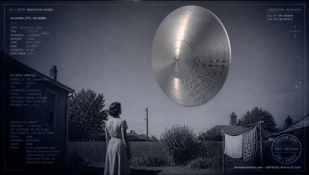 A woman in her Oklahoma City yard watches a silent, 80-foot metallic disc with twelve occupant silhouettes visible in its windows, late August 1946
