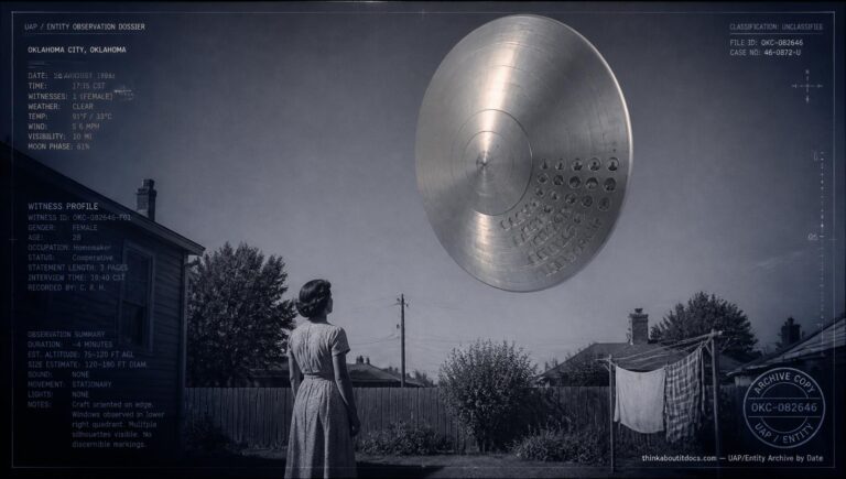 A woman in her Oklahoma City yard watches a silent, 80-foot metallic disc with twelve occupant silhouettes visible in its windows, late August 1946