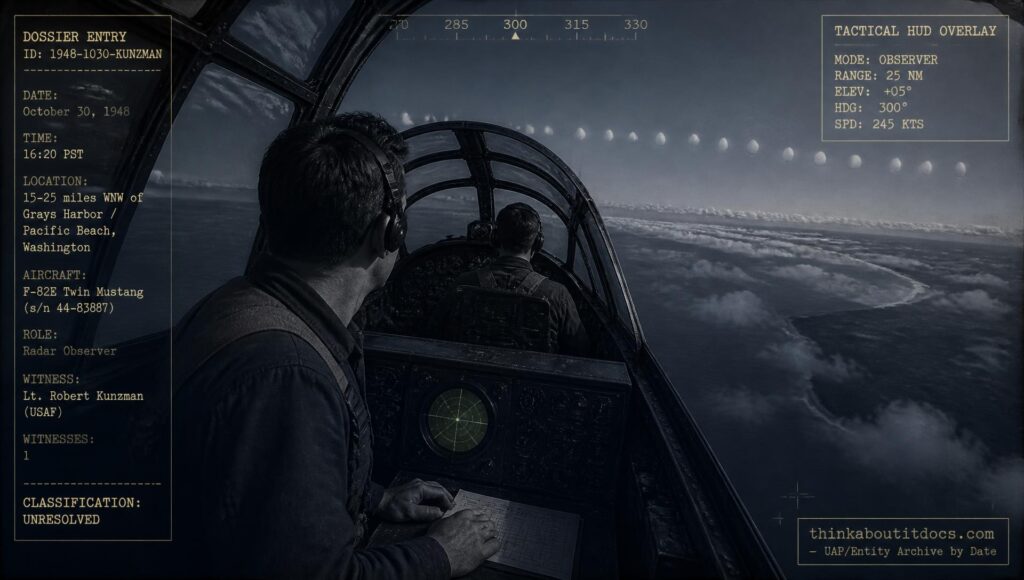 An Air Force radar observer watches a formation of white, egg-shaped objects cross in front of his F-82 fighter off the Washington coast, October 30, 1948