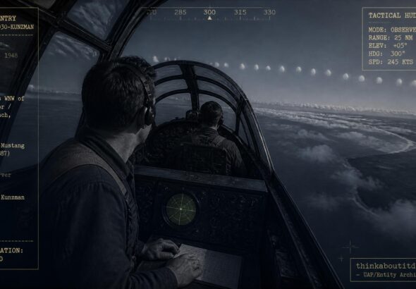 An Air Force radar observer watches a formation of white, egg-shaped objects cross in front of his F-82 fighter off the Washington coast, October 30, 1948