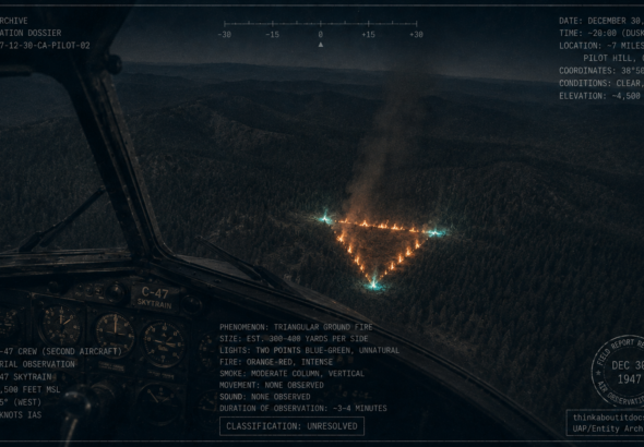 A triangular ground fire burns with unusual blue-green flames in the California hills near Pilot Hill, December 30, 1947