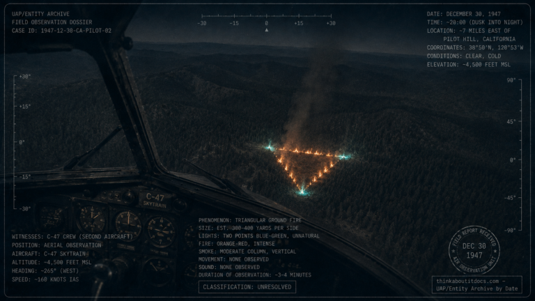 A triangular ground fire burns with unusual blue-green flames in the California hills near Pilot Hill, December 30, 1947