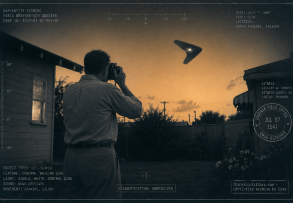 William Rhodes photographs a heel-shaped object circling silently over his Phoenix, Arizona home at dusk, July 7, 1947