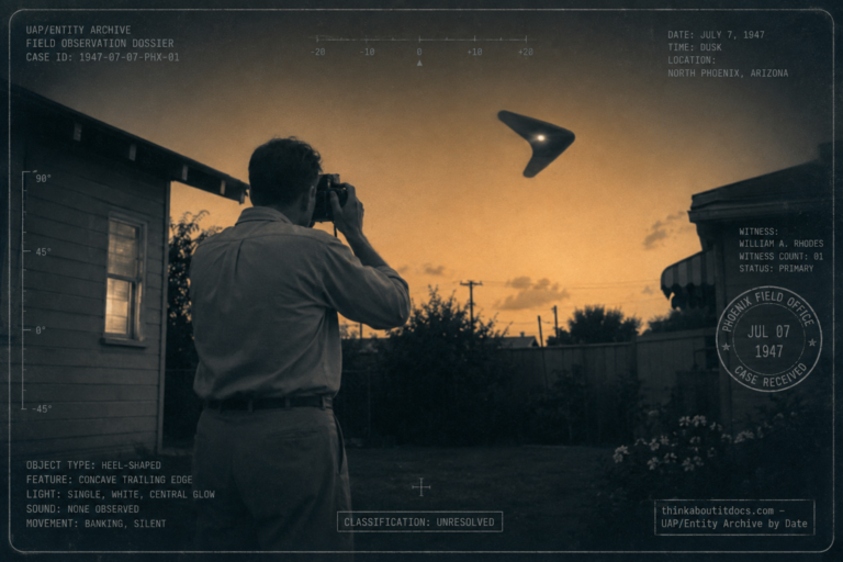William Rhodes photographs a heel-shaped object circling silently over his Phoenix, Arizona home at dusk, July 7, 1947
