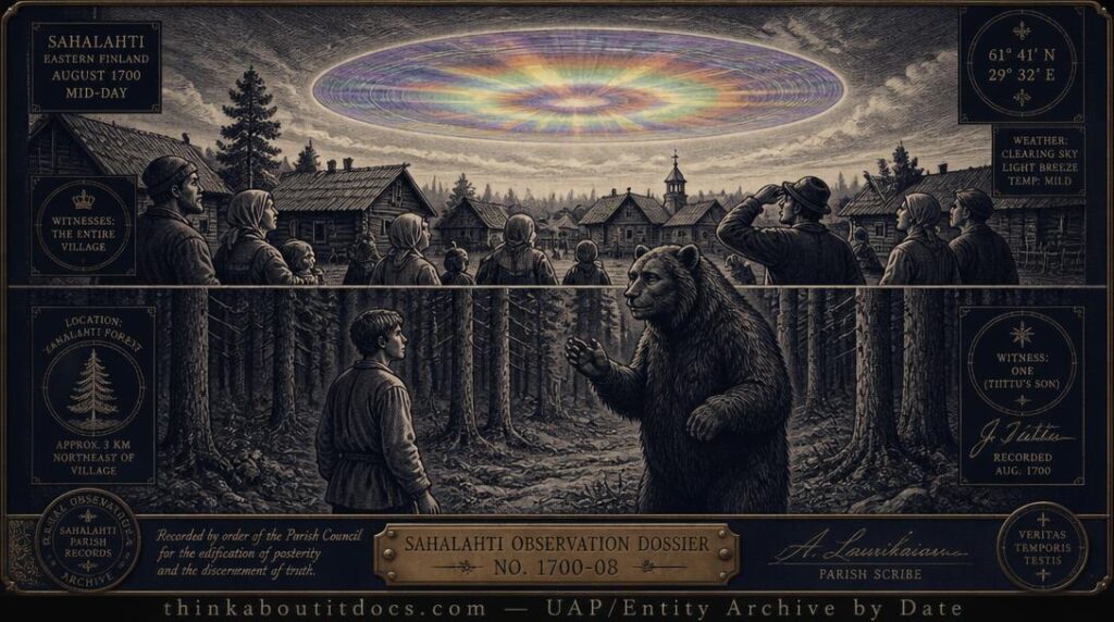A rainbow-hued disc hovering over the Finnish village of Sahalahti and a bear-shaped speaking entity encountered in the nearby forest, August 1700