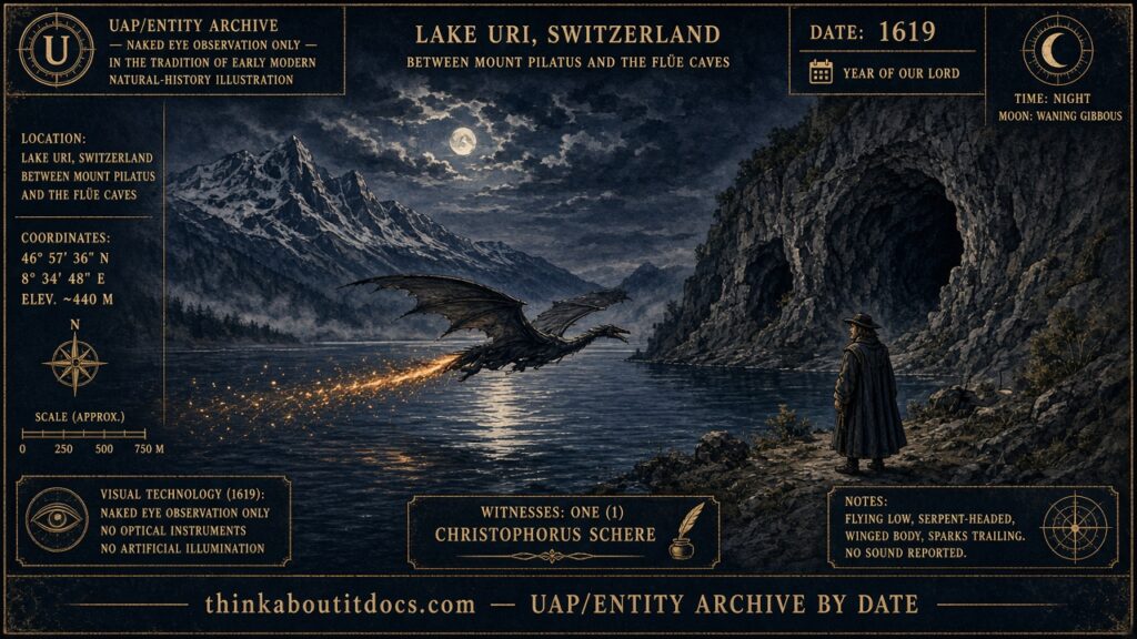 A long, serpent-headed, spark-trailing winged creature flying between two mountain caves across Lake Uri, Switzerland, as reported by prefect Christophorus Schere in 1619