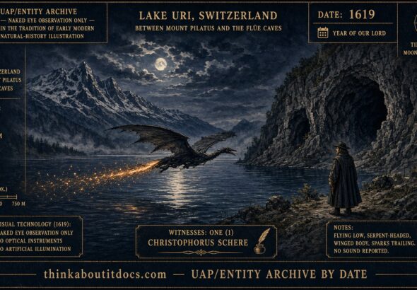 A long, serpent-headed, spark-trailing winged creature flying between two mountain caves across Lake Uri, Switzerland, as reported by prefect Christophorus Schere in 1619