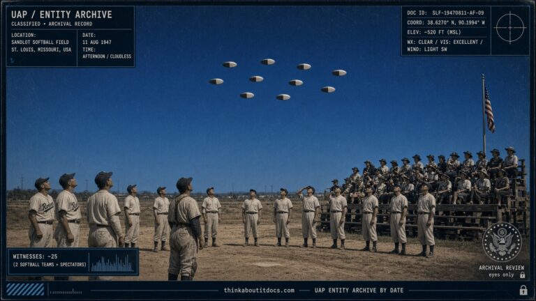 Two softball teams and spectators watch nine discs flip in unison high over St. Louis, Missouri, August 11, 1947