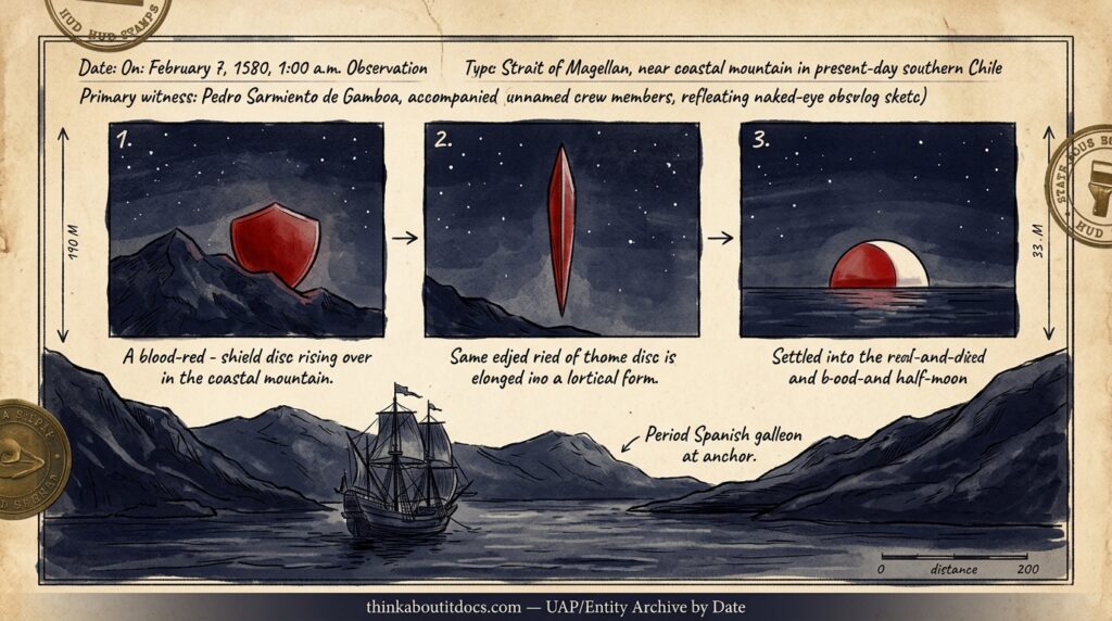 Three-stage sequence of a red shield-shaped object changing to a lance-like form and then a half-moon over the Strait of Magellan, February 1580