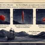 Three-stage sequence of a red shield-shaped object changing to a lance-like form and then a half-moon over the Strait of Magellan, February 1580