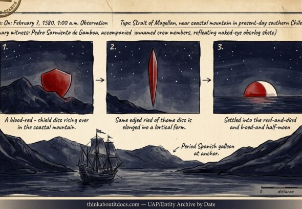 Three-stage sequence of a red shield-shaped object changing to a lance-like form and then a half-moon over the Strait of Magellan, February 1580