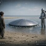 A nine-year-old boy faces a silver-suited occupant beside a submerged metallic disc at Taganrog Bay, Russia, summer 1945