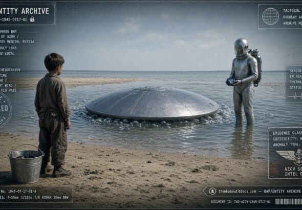 A nine-year-old boy faces a silver-suited occupant beside a submerged metallic disc at Taganrog Bay, Russia, summer 1945