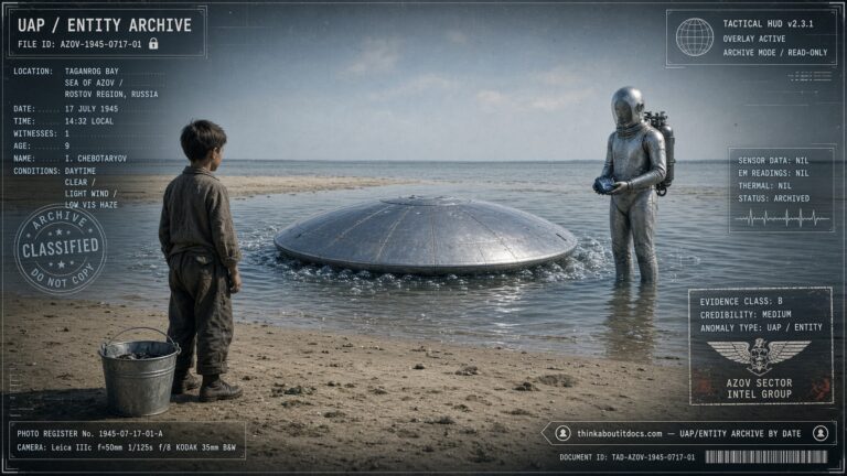 A nine-year-old boy faces a silver-suited occupant beside a submerged metallic disc at Taganrog Bay, Russia, summer 1945