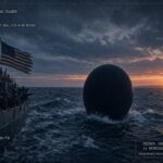 A large dark sphere rising from the Pacific Ocean near the USAT Delarof, watched by fourteen crewmen off the Aleutian Islands, 1945