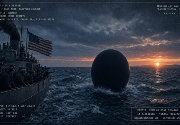 A large dark sphere rising from the Pacific Ocean near the USAT Delarof, watched by fourteen crewmen off the Aleutian Islands, 1945
