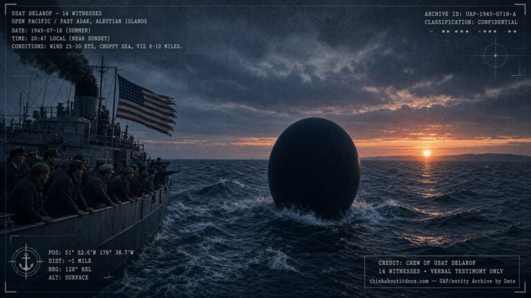 A large dark sphere rising from the Pacific Ocean near the USAT Delarof, watched by fourteen crewmen off the Aleutian Islands, 1945