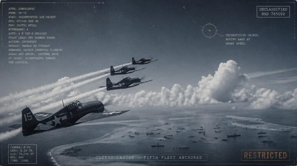 Four F6F Hellcats climbing at full power over the Ulithi Atoll fleet anchorage, chasing an unidentified radar contact that outran them, February 7, 1945