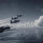 Four F6F Hellcats climbing at full power over the Ulithi Atoll fleet anchorage, chasing an unidentified radar contact that outran them, February 7, 1945