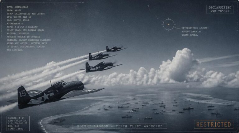 Four F6F Hellcats climbing at full power over the Ulithi Atoll fleet anchorage, chasing an unidentified radar contact that outran them, February 7, 1945