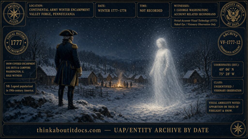 A luminous female figure appearing to a solitary officer in the snow-covered winter encampment at Valley Forge, Pennsylvania, 1777–1778