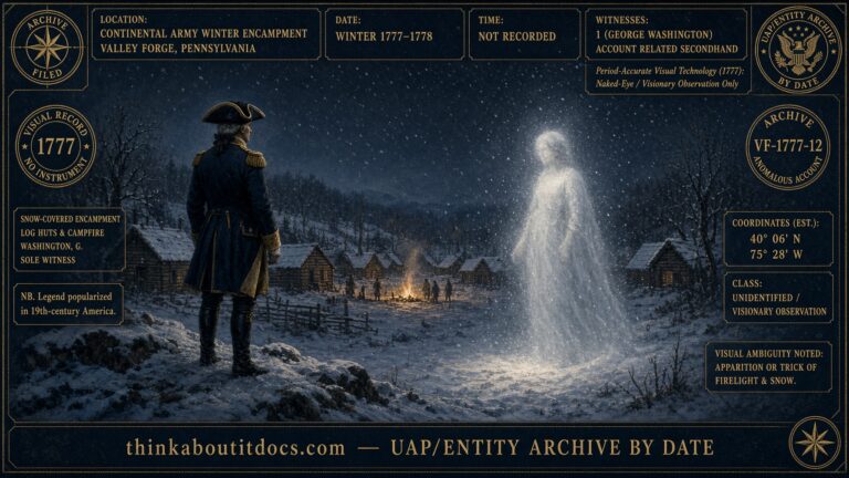 A luminous female figure appearing to a solitary officer in the snow-covered winter encampment at Valley Forge, Pennsylvania, 1777–1778
