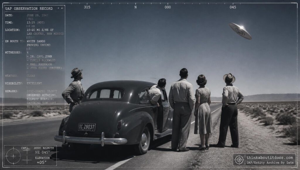 Three named rocket scientists watch a silvery disc vanish from a clear New Mexico sky near White Sands Proving Ground, June 29, 1947
