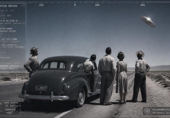 Three named rocket scientists watch a silvery disc vanish from a clear New Mexico sky near White Sands Proving Ground, June 29, 1947